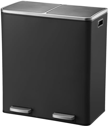 Kitchen Move Cubo de Basura de Cocina con Pedal Major, con clasificación selectiva, Gran Capacidad: 60 L (2 x 30 L), De Acero Inoxidable, Color Negro Mate