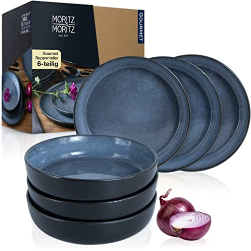 Moritz & Moritz VIDA Plato de sopa gourmet - Juego de 6 platos hondos para 6 personas (porcelana, aptos para lavavajillas y microondas), color azul