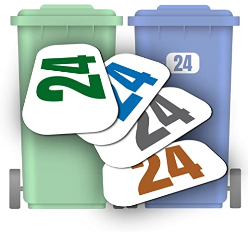 4 x Personalised Bin Numbers for Wheelie Bins with Your House Number | Pack of 4 Colours | Choice of 3 Sizes from 16cm x 12cm | Waterproof | Bin Number Stickers