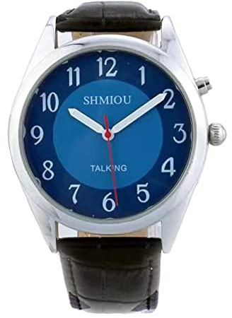 SHMIOU English Talking Watch Women Wrist Watch for The Elder Blind Visually Impaired Quartz with PU Leather Watchband XM-221001, 蓝色, Modern