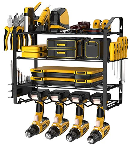 Mutool Power Tool Organizer Storage Rack Wall Mount Drill Holder for 4 Power Drill Tools, Mesh anti-drop design, Tool Shelving with Side Screwdriver Rack and hooks for Garage, Workshop (Black 2)