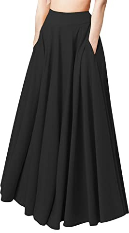 OIUHJN Las mujeres trabajan suelto casual largo sólido plisado falda de cintura elástica alrededor de rockeros de fiesta, Negro , L