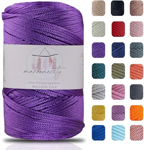 Makromecity makramégarn 2 mm x 230 m, premium polyester, makramérep, polypropen, garn för hantverk, hemdekorationer, bordstabletter, axelväska, handväska, löpare, nappkedja, 20 färger (lila)