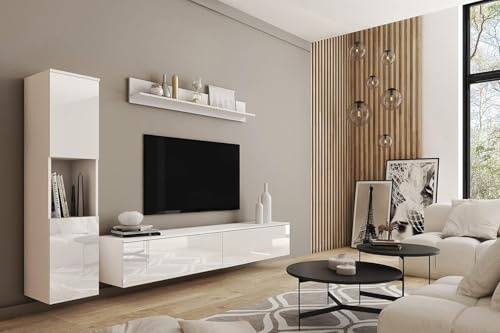MINIO go for it - Wohnwand Parma 3-Teilig Set Hängend oder Stehend | Highboard, Lowboard, Wandboard, Laminierte Spannplatte, Farbe: Weiß matt / Weiß Hochglanz