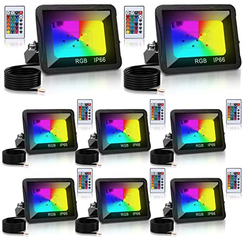 Vigevee RGB Projecteurs LED Exterieur, 8pack 50W Projecteur LED Couleur Spot LED Extérieur de Jardin 16 Couleurs 4 Modes Télécommande,Imperméable IP66,Fonction Mémoire (pas de prise) M8170-STAR8r