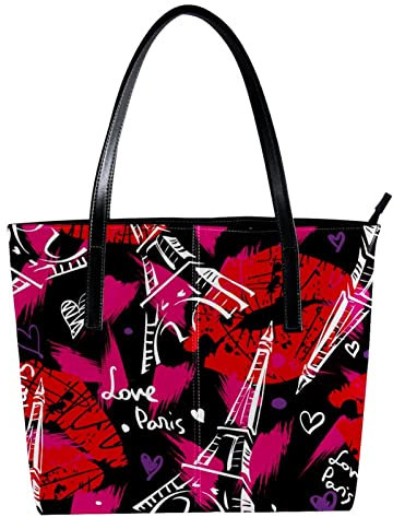 Schultertasche Leichte Freizeit Schultasche Lehrertasche Handtasche Geldbörse Paris Eiffelturm Liebe Rote Lippen Muster, Mehrfarbig