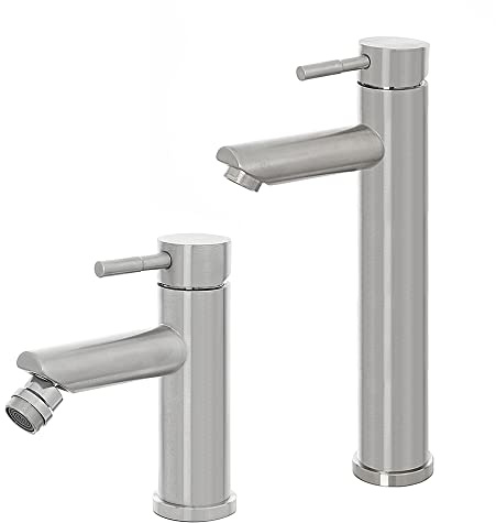Inbagno Set miscelatori lavabo Alto e Bidet monocomando, in Acciaio Inox Spazzolato, con piletta Click clack Satinata, York