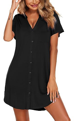 Ekouaer Nattlinne damer sommar sovskjorta kortärmad nattkläder sexig sovskjorta V-hals sovskjorta, S-XXL, svart, L