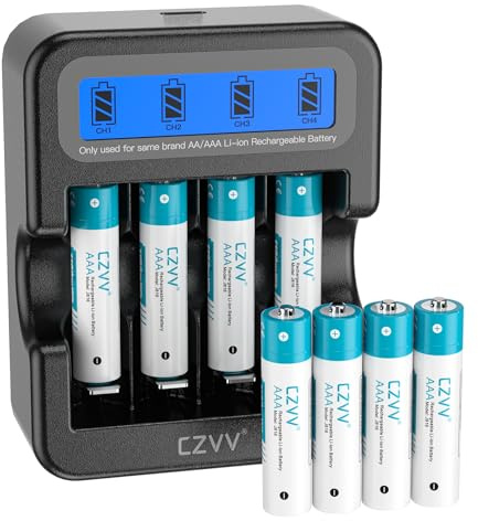 czvv Uppladdningsbara AAA litiumbatterier 1,5 V – hög kapacitet 1 100 mWh 8-pack litiumbatterier med LCD ultra snabbladdare 2H – lång livslängd 10 år, 1 300 cykler för leksaker, rakapparater,