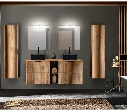 Lomadox Badmöbel Komplett Set Front Rillen schwarz Doppelwaschtisch mit Regal 141 cm Keramik Waschbecken 2 Hochschrank Spiegel Aufbauleuchte anthrazit Eiche Nb.