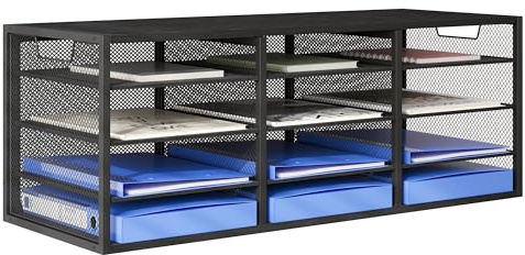 Senhoglb 12 Fächer Schreibtisch Ordner Organizer, Holz Briefablage Stapelbar, Metall Aktenablage, Multifunktionaler Briefablage, Dokumentenablage A4 Papier Aufbewahren, Schwarz