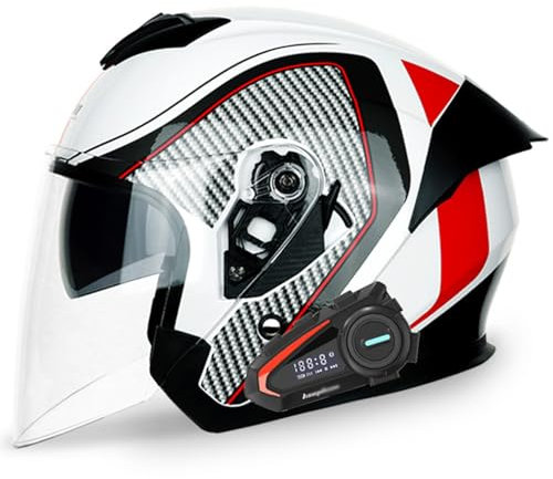 Bluetooth Jethelm Motorradhelm 3/4 Helm,ECE Zertifizierung Motorrad Integrierter Bluetooth-Helm Jet Scooter Helm Rollerhelm Jet-Helm Herren Damen Mit Doppelspiegel Herren Damen R,XXL