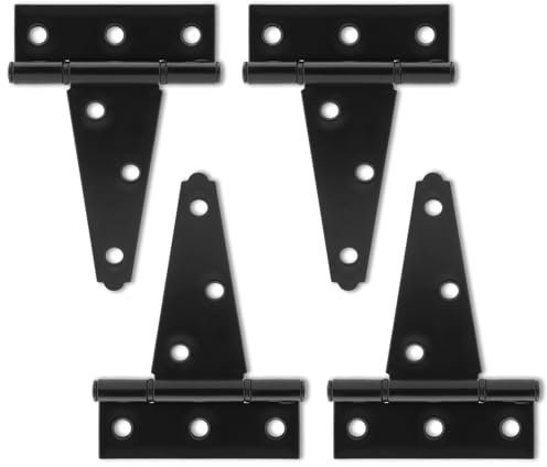 Lot de 4 charnières de porte d'abri de jardin à sangle en T de 10,2 cm, charnières en T robustes, charnières à sangle de portail, matériel forgé noir pour clôtures en bois, porte de grange, portes