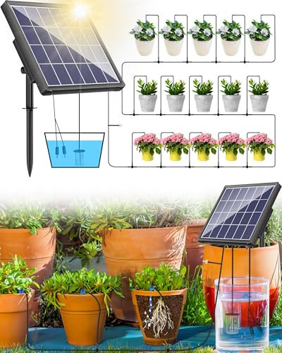 Biling Sistema di irrigazione solare per balcone, 15 m, sistema di irrigazione solare, irrigazione a goccia, 2,5 W, sistema di irrigazione solare per giardino, piante, aiuola rialzata, serra, vacanze