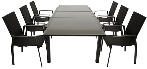 DEGAMO Gartengarnitur Sitzgruppe Torino 7-teilig, 6X Stapelsessel aus Aluminium anthrazit und gepolstertem Textilgewebe in schwarz sowie 1x Ausziehtisch Aluminium + Glas 180/240x100cm, anthrazit