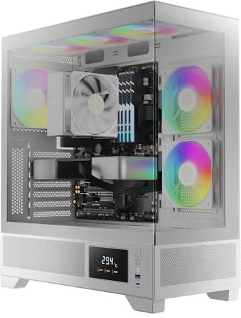 GAMDIAS Atlas M1 WH Boîtier PC Tour Moyenne ATX, Écran de Surveillance en Temps Réel, 3 Ventilateurs ARGB PWM 120 mm, Verre panoramique 270°, Entrées d’Air Latérales à Haut Débit, Blanc