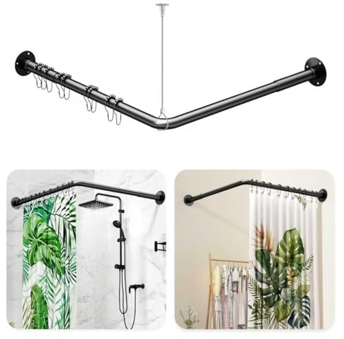 L Shaped Shower Curtain Rod - [23''-53''] x [23''-53''] Adjustable Corner Shower Curtain Rod 90 Degree Black for Bathroom Bathtub, Clothing Store with 12 Ring Hooks & Ceiling Support