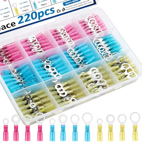 smseace 220PCS Heat Shrink Ring Terminals #10,1/4,5/16,3/8 Heat Shrink Ring Connectors 22-16AWG Marine Ring Terminals for Automobile/Boat/Industrial Electrical Connections