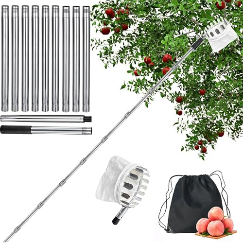 Jiahuade Cueille-Fruits avec Corbeille,Outil Cueillette de Cerise,Cueille Fruit avec Manche Télescopique,Cueille Pomme,Ramasse Fruit,Cueille Fruit Telescopique,Cueilleur de Fruits Amovible (4.2M)