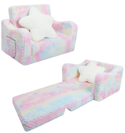 decalsweet Sofás Plegables para Niños Sillón con Almohada Estelar 2 en 1, Sillón Infantil Cómoda Estable con Bolsillo de Tela, Sofá Cama Asiento para Bebé para Dormitorio Salón,Textura Rosa