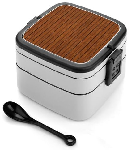 FZMTLDS Brown Wood Pattern Bento Box Adult Lunch Box Containers with Spoons Double Layered Lunch Containers Portable Lunch Boxes Food Container for Work Picnic Travel