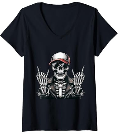 Damen Hard Rock Festival Männer Damen Pommesgabel Heavy Metal T-Shirt mit V-Ausschnitt, Schwarz, L