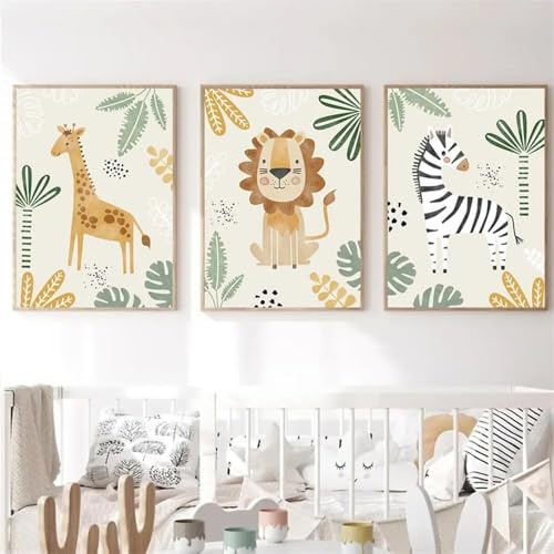 3 Poster Waldtiere grün Dschungel Safari Giraffe Löwe Elefant Bild Savanne Baby 30x40 cm Leinwand Wanddekoration Kinder Jungen Geschenk ohne Rahmen
