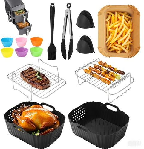 15 Stück HeißluftfritteuseZubehör Set,für Ninja Double Stack XL SL400EU 9.5L,Silikonform heißluftfritteuse für Ninja AF400EU AF300EU 7.6 L-9.5 LDual Zone Heißluftfritteuse -Backform/Rack/Backpapier