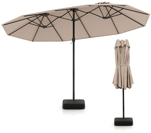COSTWAY Sombrilla Terraza Exterior Grande, Parasol Doble con Base y 12 Varillas Metálicas, 2 Bolsas para Arena, Superior Ventilada, Manivela, Sombrilla para Patio (Café, 443 x 265 cm (con Base))