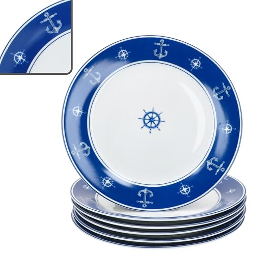 MamboCat AHOI 6er Set Speiseteller I Ø 27cm I blau-weiße Porzellan-Essteller mit nautischen Motiven für 6 Personen I große Teller für Hauptmahlzeiten, zum Grillen & Co