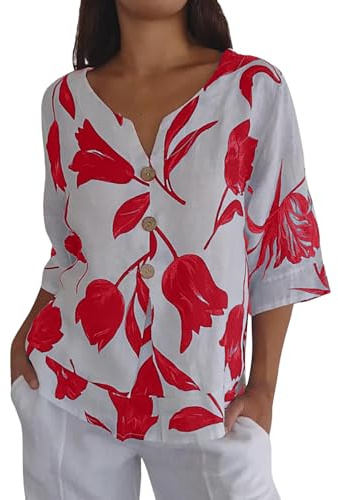 Summer Womens Cotton Linen Loose Blouse Floral Tops Ladies T-Shirts 3/4 Sleeve Button Down Womens Cotton Linen Tshirt Casual Gifts Fit Blouse Tunic Floral Print Button Tee Short Sleeve Top