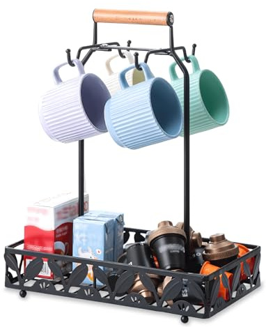 Porte-tasses à café pour comptoir, arbre à tasses et porte-tasses avec panier de rangement, organiseur 2 en 1 pouvant contenir 4 grandes tasses, porte-tasses de cuisine pour accessoires de café