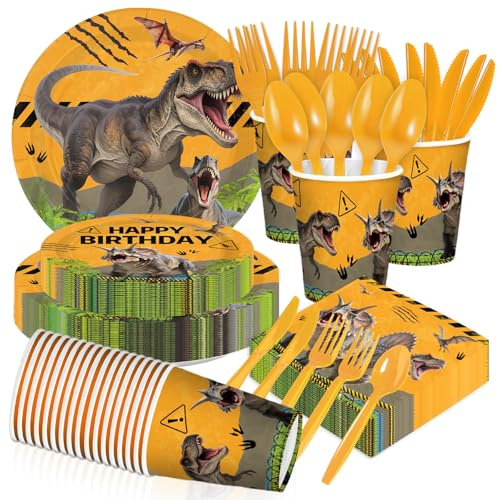 168Pcs Dinosaur Birthday Decorations Dinosaurs Birthday Plates and Napkins Orange Dinosaur Themed Decorations Favors for Kids Boys Bday Baby Shower Vintage Dino Theme Party Supplies Serves 24