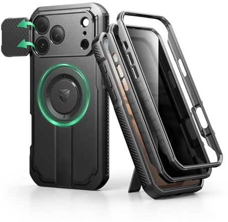 Dexnor pour Magnétique Coque iPhone 17 Pro Max avec Cache Caméra Coulissant & Kickstand Pliable & Protecteur d'Écran Intégré Confidentialité, Robustes Couverture Protection Coque-Confidentialité Noir