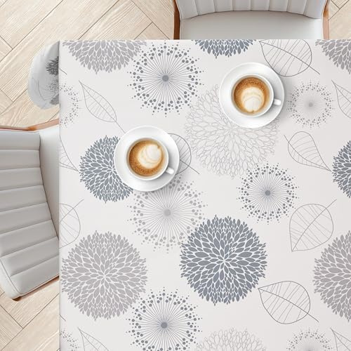 KP HOME Grey Wipe Clean Tablecloth with Skin Feel Touch PVC - Square 55.1x55.1 / 140x140cm Easy Clean Waterproof Floral and Leaf Oil cloth - Vinyl Wipeable Plastic Table Cover for Garden Outdoor