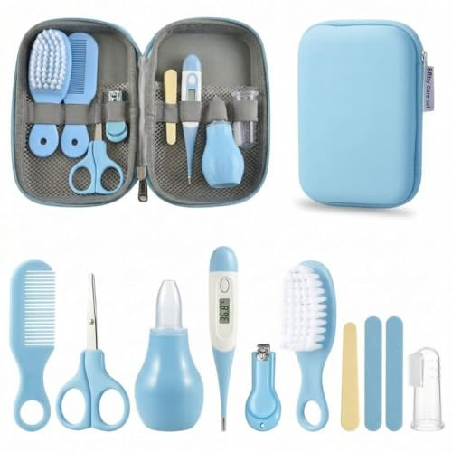 BATHBY Kit de Cuidado e Higiene para Bebé | Estuche Portátil con Cepillo y Peine, Tijeras, Lima, Cortaúñas, Termómetro Digital, Aspirador Nasal y Protector de Chupete (Azul)