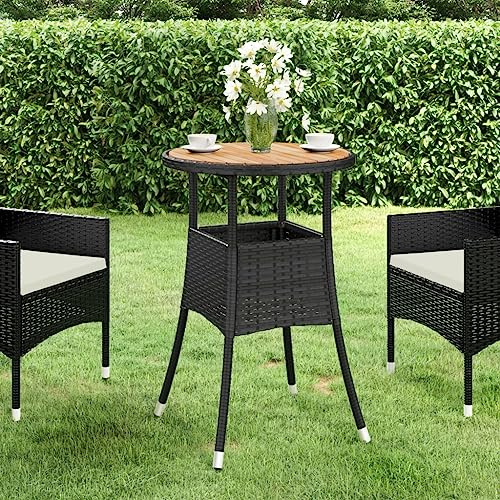 HaoChrymec Gartentisch aus Poly Rattan und Akazienholz, Witterungsbeständig, Robustes Design, Loungetisch Outdoor, Balkon Tisch, Beistelltisch Garten, Schwarz, 60x75 cm