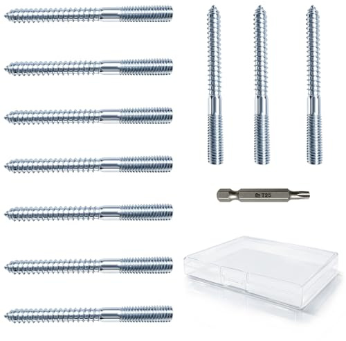 10 Pièces Vis Double Filetage M10 x 100 mm, Boulons de Suspension Acier au Carbone Zingué, avec Boîte de Rangement et Torx T25 pour L'assemblage de Meubles, Colliers de Serrage et L'assemblage Bois