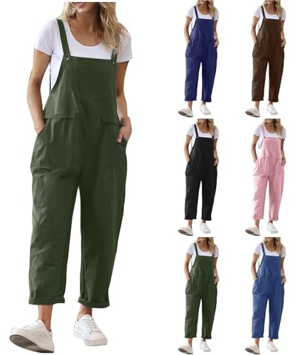 Couawaticy Women's Dungarees Loose Overalls Casual Sleeveless Womens Jumpsuits Elegant Long Playsuit Casual Fit Trousers Baggy Pants Stretch Straps with Pockets Dungarees for Women UK