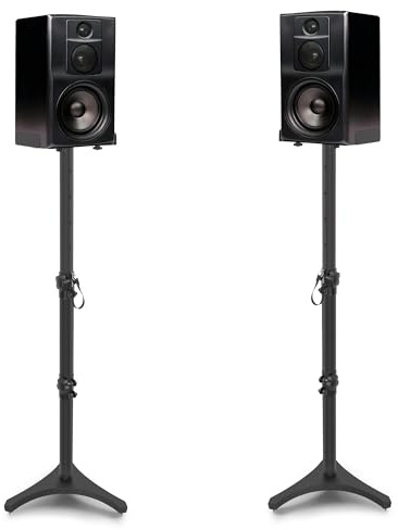 FREEAMG Lot de 2 Supports de Haut-Parleurs Réglable en Hauteur 76 à 104 CM, Support d'Enceinte en Métal avec Base Triangulaire, Pieds d'Enceintes Universel Sonos, Sanyun, Samsung, Jusqu'à 5KG