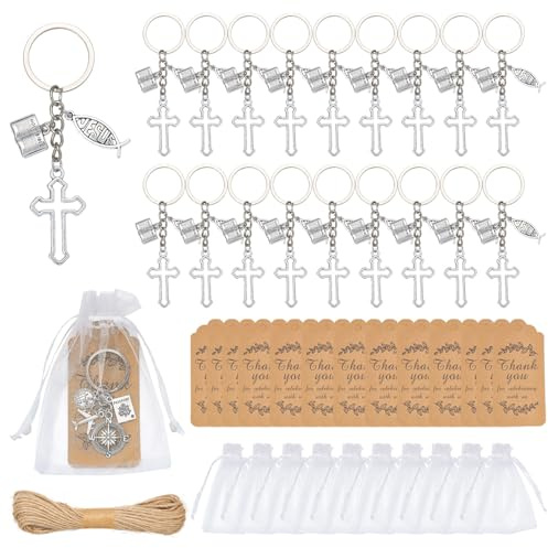WEWAYSMILE 20 piezas de llavero de cruz cristiana para fiesta de bautizo con bolsas de organza, llaveros de aleación, recuerdos religiosos con forma de pez para invitados de bautizo, regalos de