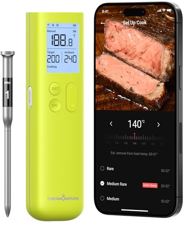 ThermoMaven Smart Bluetooth Fleischthermometer kabellos, Sub-1G Signalstabilität, Display-Basis, zertifizierte Genauigkeit ±0,3 °C, WLAN-Reichweite für BBQ, Ofen, Räucherofen, Grill, Grün