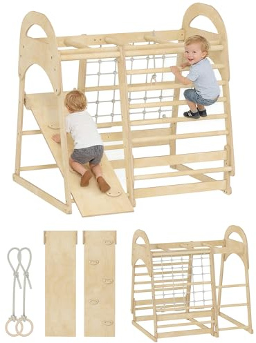 AIYAPLAY Kids Climbing Frame 6 in 1 Wooden Jungle Gym with Slide Ages 3-6 | Monkey Bars, Gymnastics Rings, Ladder, Climbing Net, Indoor Climber Playset