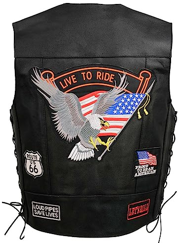 EVENT LEATHER ELM3930 Men’s Black Motorcycle Riders Leather Vest w/ 9 Patches and Adjustable Side Laces - Small
