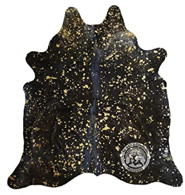 Sunshine Cowhides 100% Genuine Metallic Gold on Dyed Black Cowhide Rug - Modern Style Brazilian Animal Skin Rug & Floor Carpet for Living Room, Bedroom, Kitchen & More - Large (6x7-8ft)