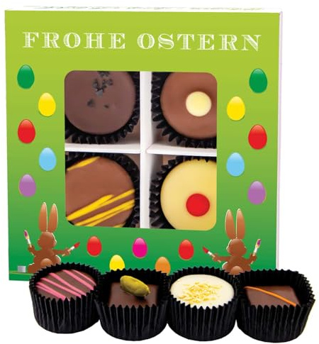 Hallingers Genuss Manufaktur Pralinen Oster-Geschenk - mit & ohne Alkohol, handmade aus Confiserie-Edelkakao in wertiger Geschenkbox Frohe Ostern grün, Ostern Körbchen für Frauen Männer
