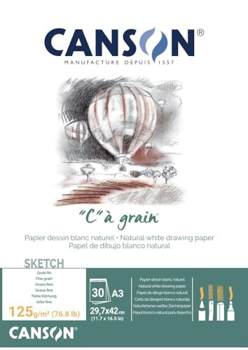 CANSON C à grain' Blocco Carta da Disegno 30 fogli 125 g grana fine bianco naturale 29,7x42 cm ,collato lato corto