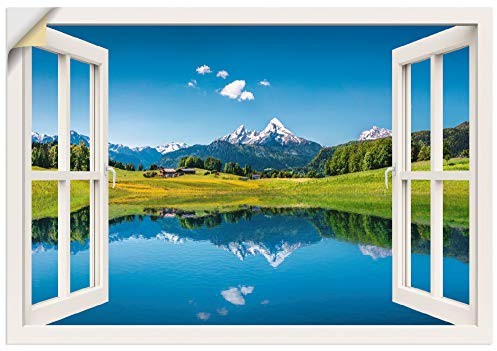 ARTland Wanddeko Wandtattoo selbstklebende Vinylfolie 100x70 cm Fensterblick Fenster See Landschaft Berge Alpen Bergsee Natur T4RC