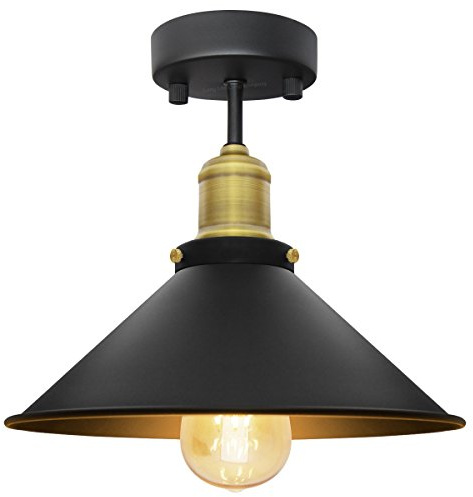 Long Life Lamp Company Vintage Industrial Flush Mount Ceiling Lampshade Black Metal Antique Brass Pendant Light Fitting M0033