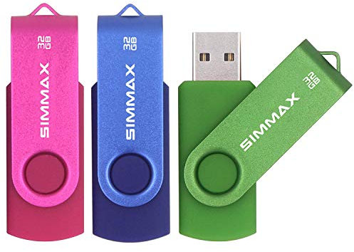 SIMMAX Memoria Flash USB 32GB 3 Piezas Pen Drive USB 2.0 Giratoria Flash Drive Thumb Drive (32GB Rosado Azul Verde)